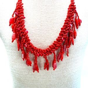 Red Statement Necklace Glass Red Coral Beads